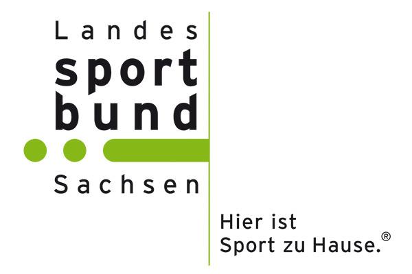 Logo des Landessportbundes Sachsen mit Slogan „Hier ist Sport zu Hause.“ in grün und schwarz.