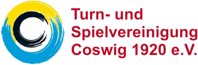 Logo der Turn- und Spielvereinigung Coswig 1920 e.V. mit bunten Farbswirbeln in Blau, Gelb und Schwarz.