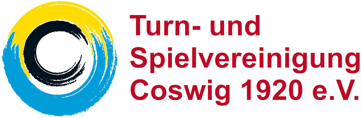 Logo der Turn- und Spielvereinigung Coswig 1920 e.V. mit bunten Farbswirbeln in Blau, Gelb und Schwarz.