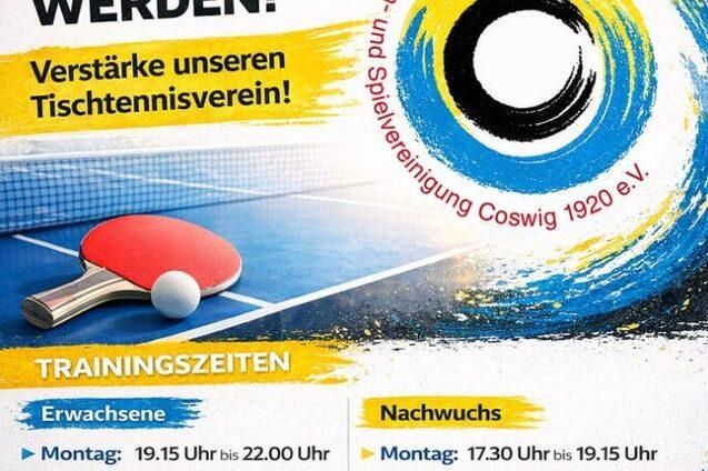 Plakat zur Mitgliedschaft im Tischtennisverein mit Schl&auml;ger, Ball und Trainingszeiten f&uuml;r Erwachsene und Nachwuchs.