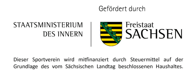 Logo des Staatsministeriums des Innern und des Freistaats Sachsen mit Text &uuml;ber die Finanzierung eines Sportvereins.