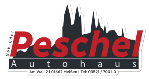 Logo des Autohauses Peschel mit Silhouette von Geb&auml;uden im Hintergrund und Kontaktdaten am unteren Rand.