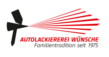 Logo der Autolackiererei W&uuml;nsche mit Spritzpistole und roten Farbstrahlen, darunter der Schriftzug &bdquo;Familientradition seit 1975&ldquo;.