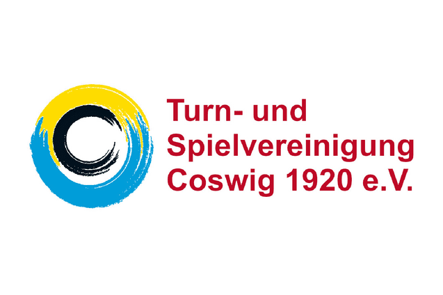 Logo der Turn- und Spielvereinigung Coswig 1920 e.V. mit kreisf&ouml;rmigem Symbol in Blau, Gelb und Schwarz.