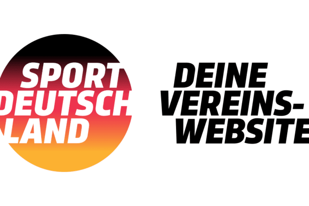 Logo von Sport Deutschland in Rot-Gelb mit dem Schriftzug "Deine Vereinswebsite" auf schwarzem Hintergrund.
